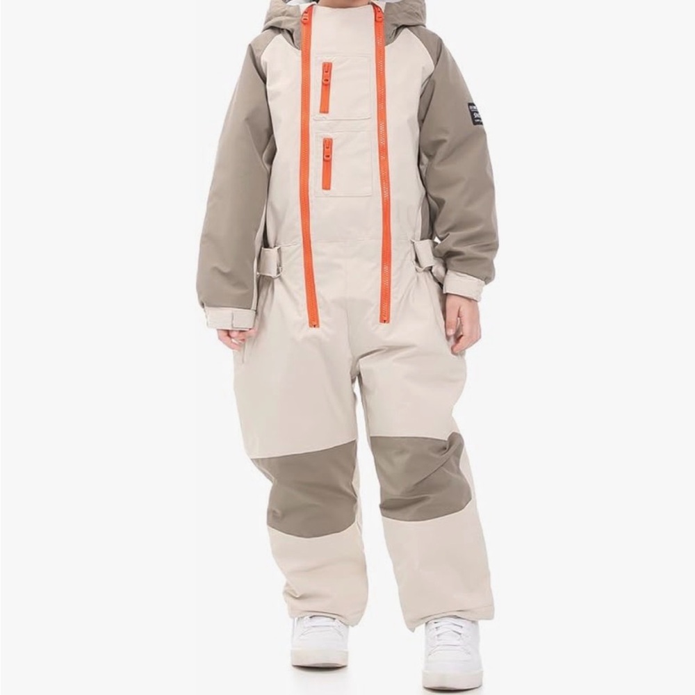 Warm, unisex Beige & Orange Hooded Snowsuit